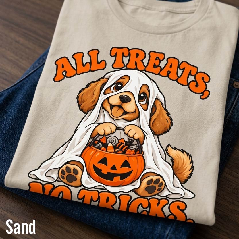 All Treats No Tricks Halloween Puppy T-Shirt sand