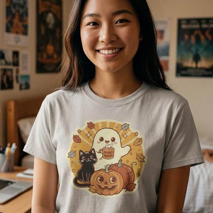 Cozy Ghost Cat Pumpkin T-Shirt