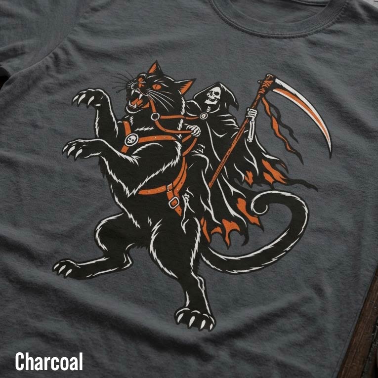 Funny Grim Reaper Cat Halloween T-Shirt charcoal