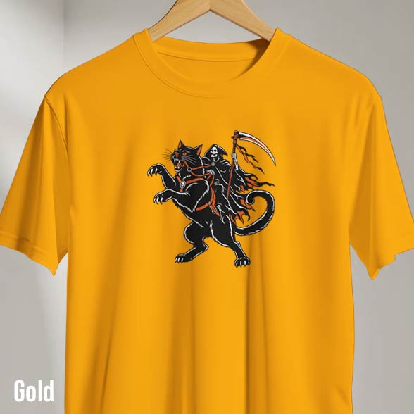Funny Grim Reaper Cat Halloween T-Shirt  gold