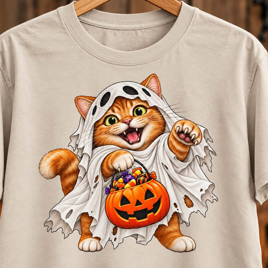 Ghost Cat Halloween T-Shirt sand
