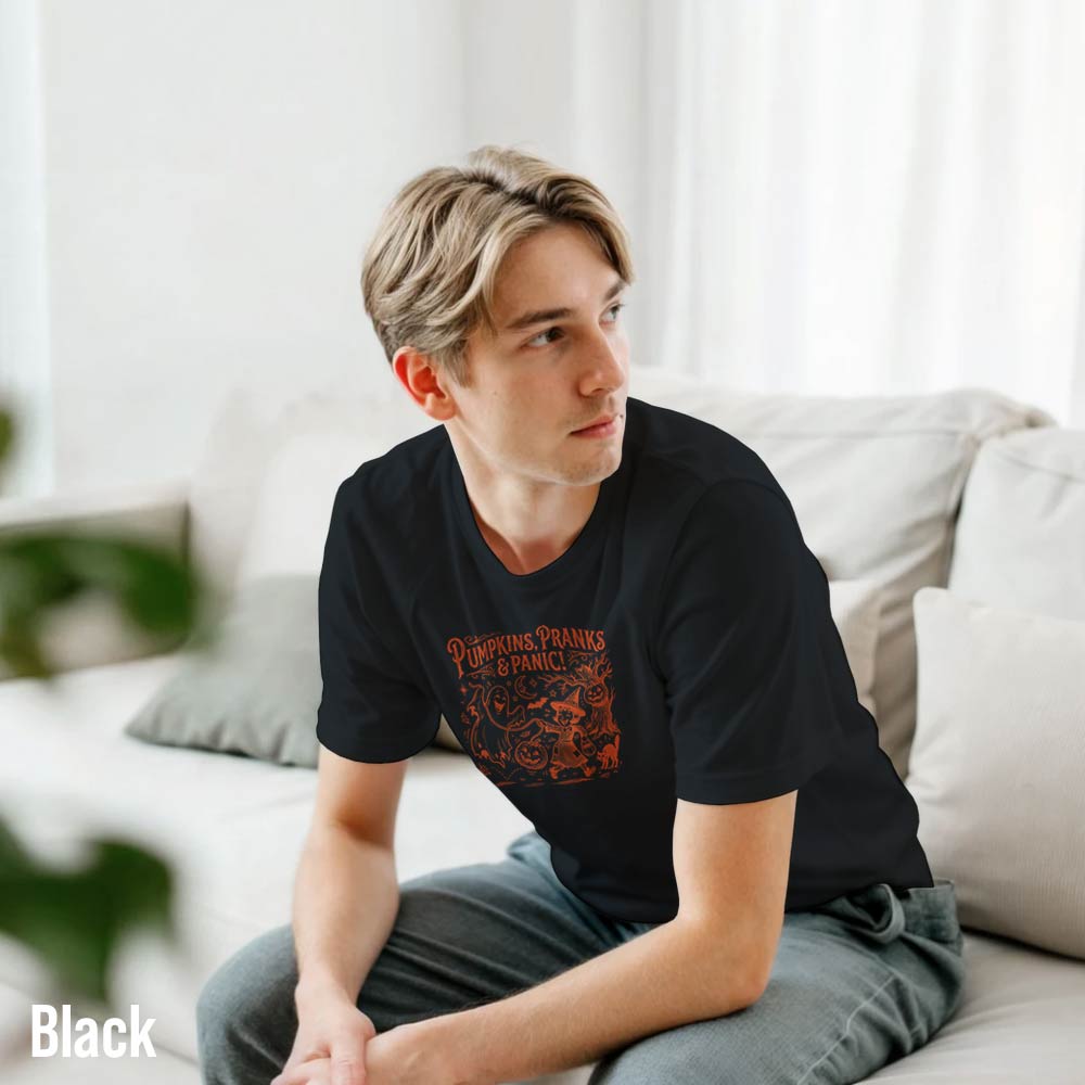 black halloween Pumpkins Pranks and Panic T-Shirt