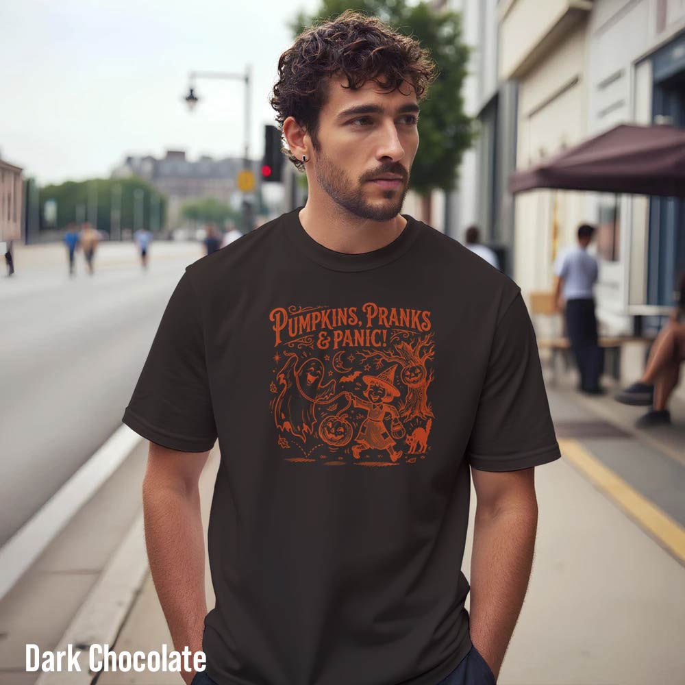 halloween t shirt Pumpkins Pranks and Panic T-Shirt brown