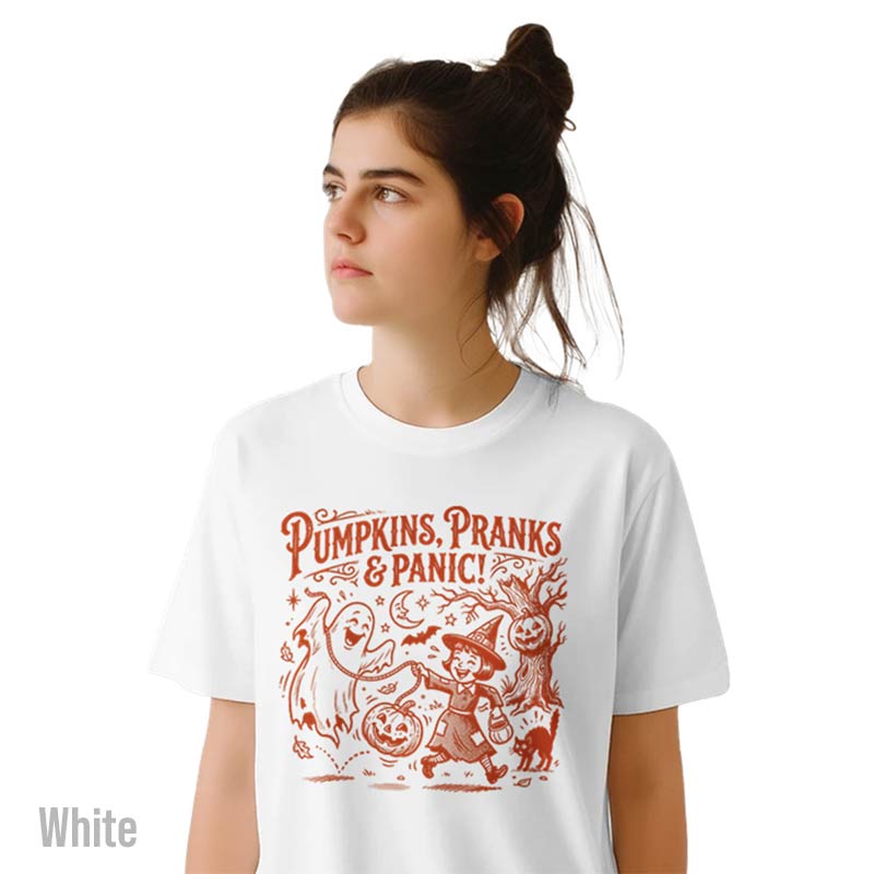 Pumpkins Pranks and Panic T-Shirt halloween white